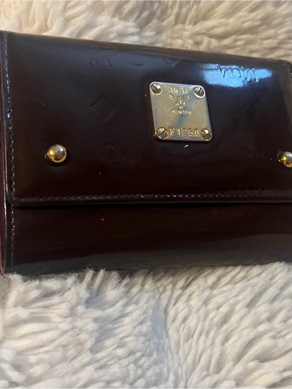 MCM Brown Patent Leather Embossed Wallet w/ Purple Interior and Gold Hardware